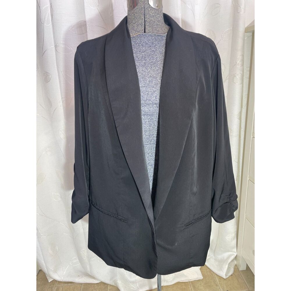 Alfani Woman Black Open Front Blazer Jacket Ruched 3/4 Sleeves Size